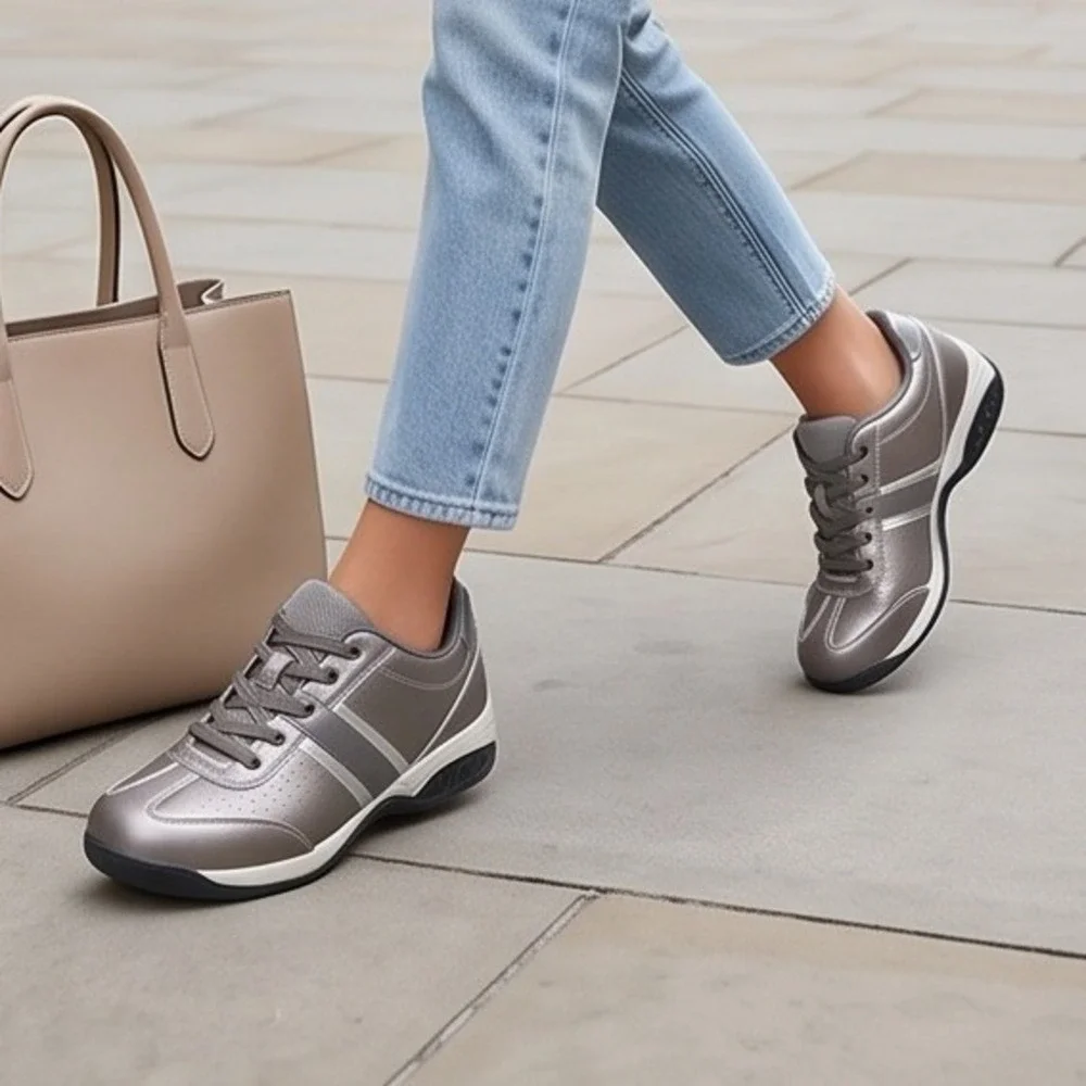 Therafit‎ Womens 7 Pewter Leather Walking Shoes C403121C Metallic Sneakers